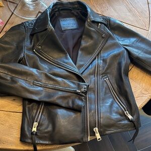 All Saints Black Leather Jacket with Silver Accents